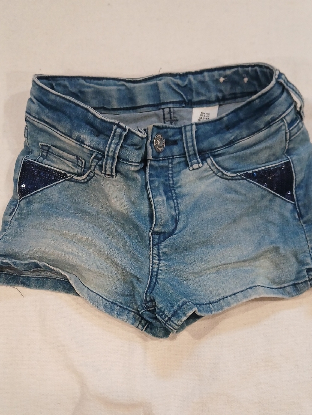 &Denim Light Blue Denim Short Shorts with Navy Sequin Pocket Trim